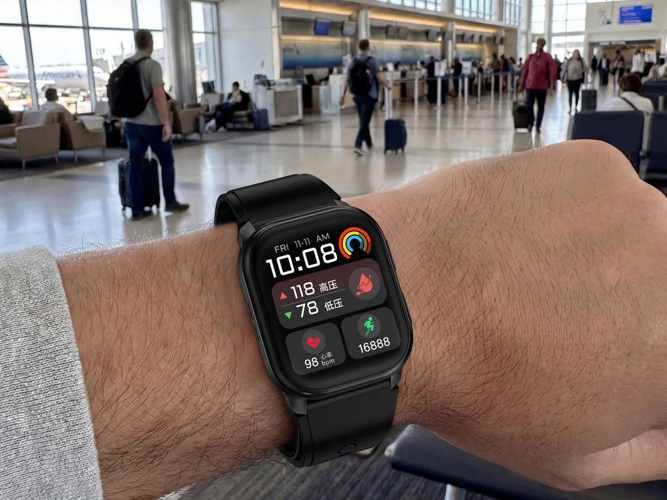 Employee wearing a connected wearable while travelling
