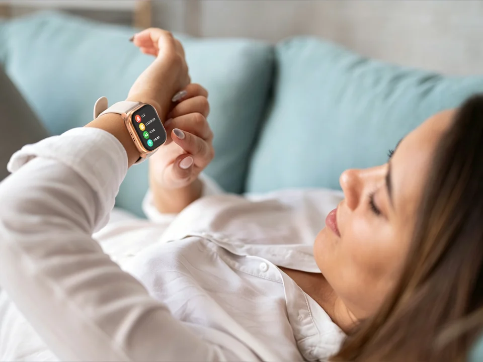 A woman checks a wearable while relaxing at home
