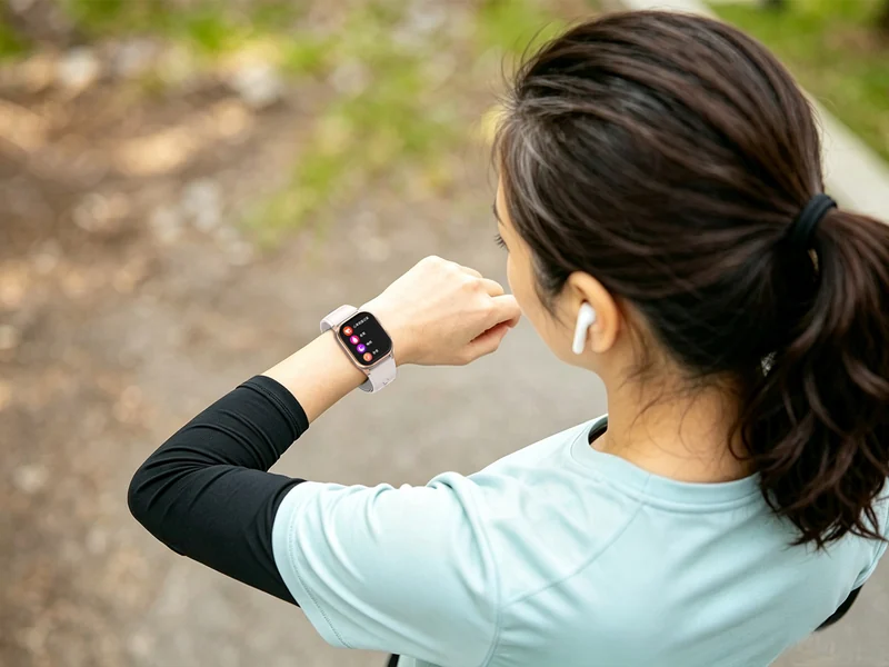 A woman checks a smartwatch during an outdoor walk