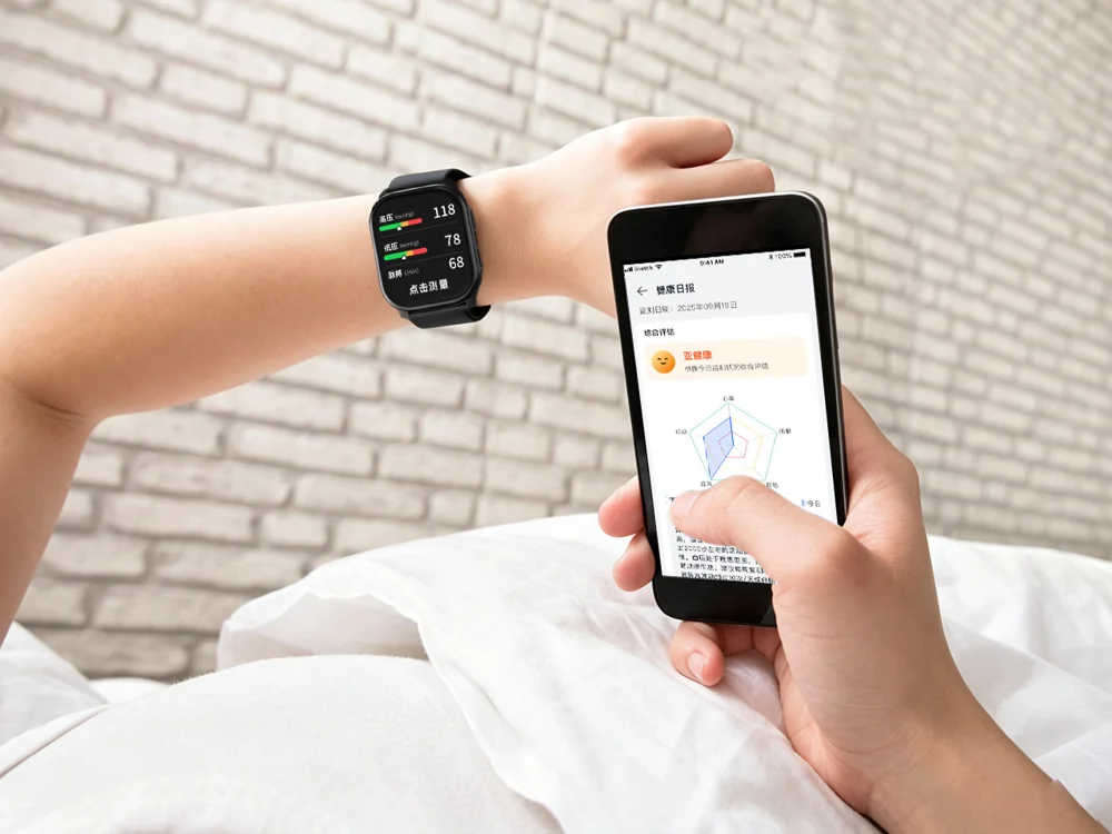 Person viewing connected watch information on a mobile phone