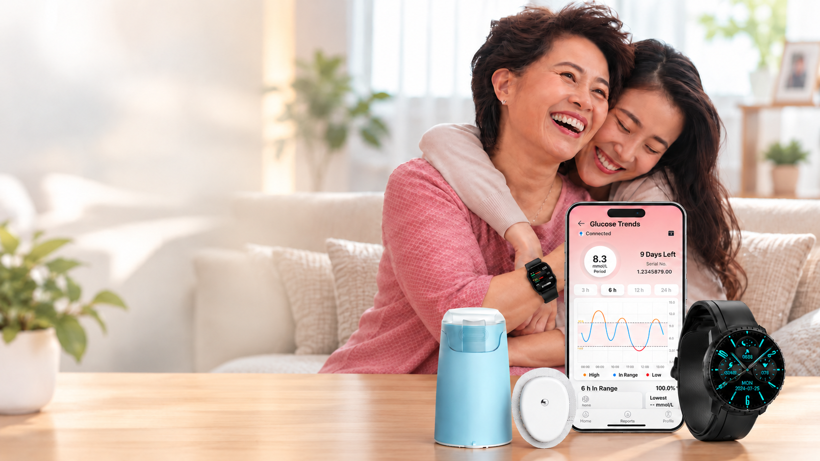 Family with Lurogef continuous glucose monitoring system and blood pressure watch