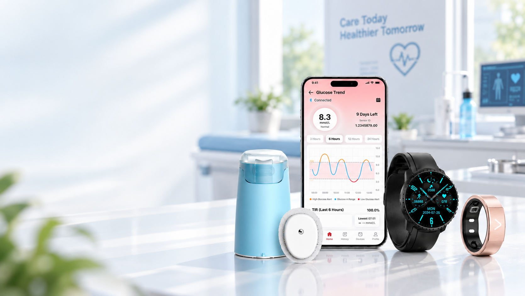 Lurogef connected health wearable products with a glucose monitoring app, sensor and smart watches